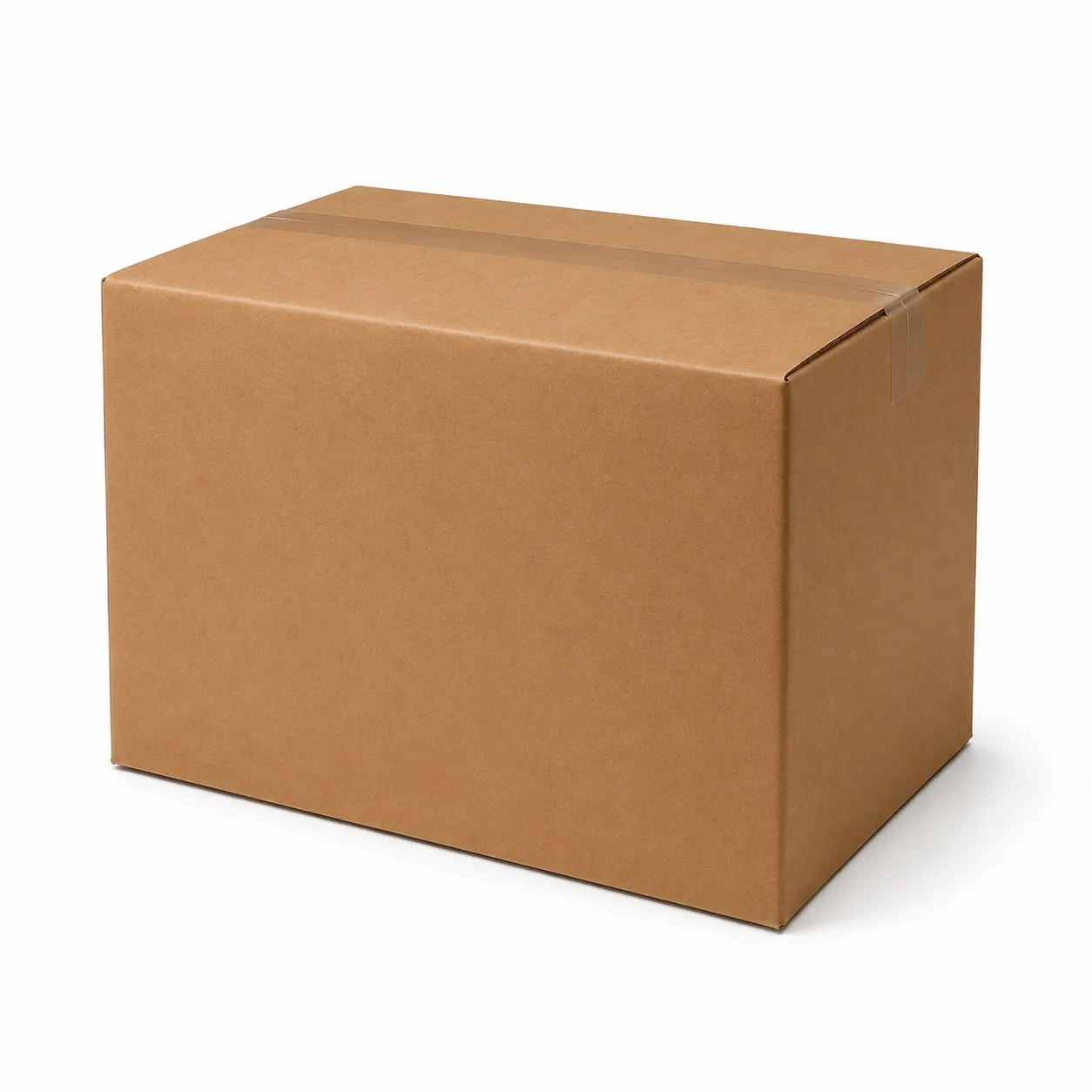 Front angle view of 8.75x13.5x10 inch brown taped corrugated carton box