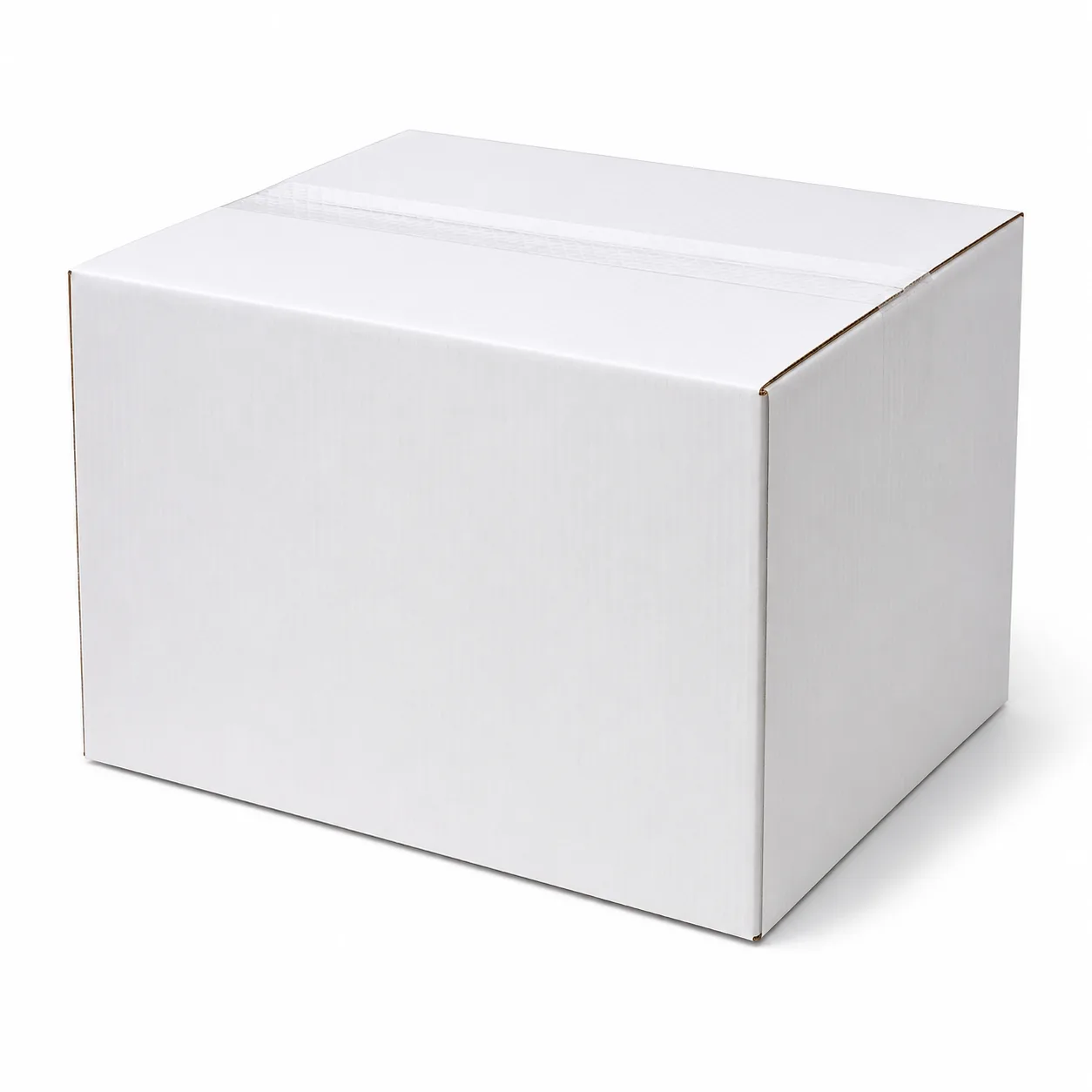 Front angle view of 8.75x13.5x10 inch white taped corrugated carton box