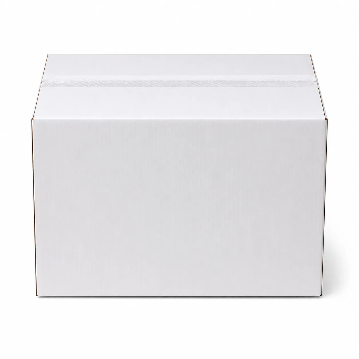 Top view of 8.75x13.5x10 inch white carton box with adhesive tape seam