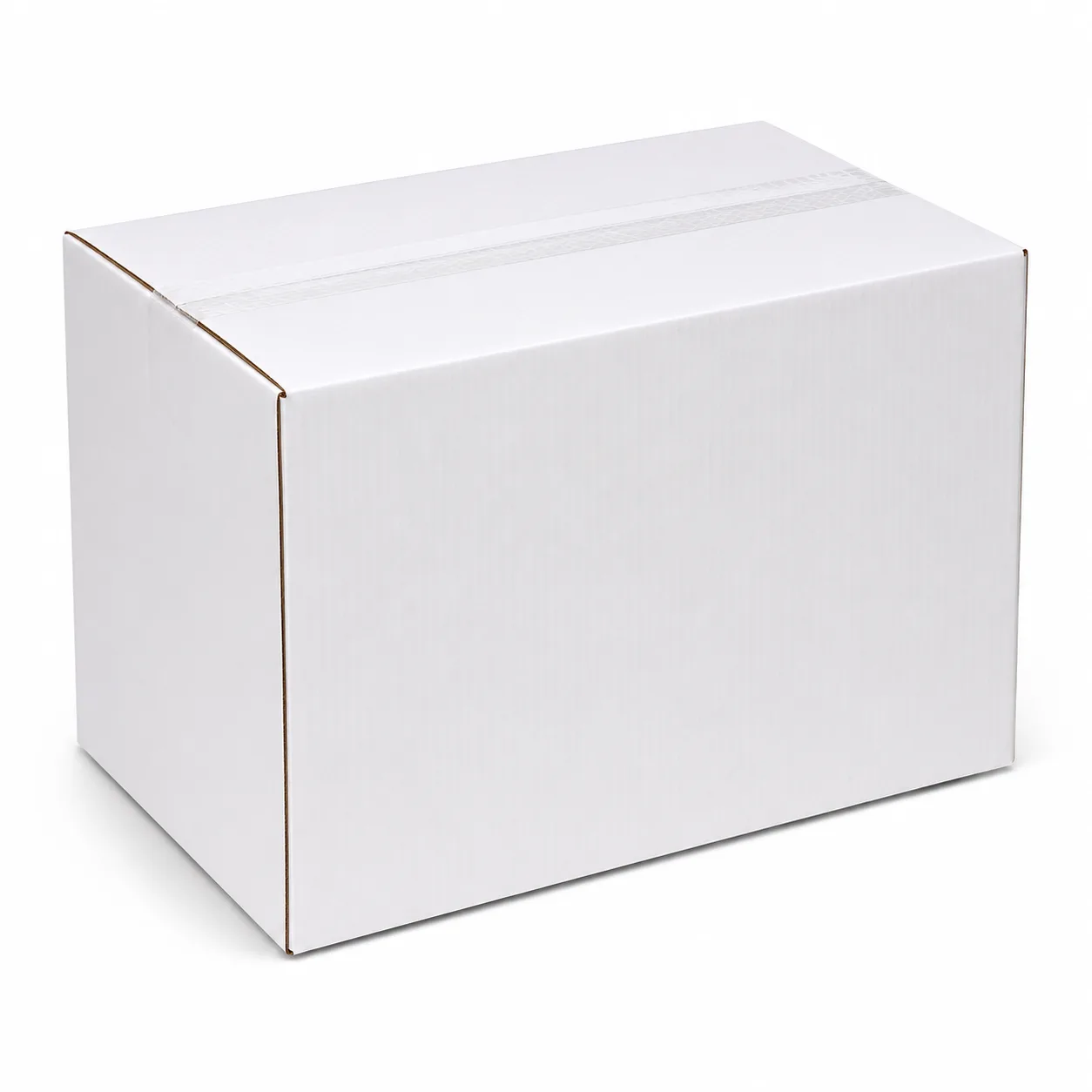 Close-up view of white corrugated carton material and tape area