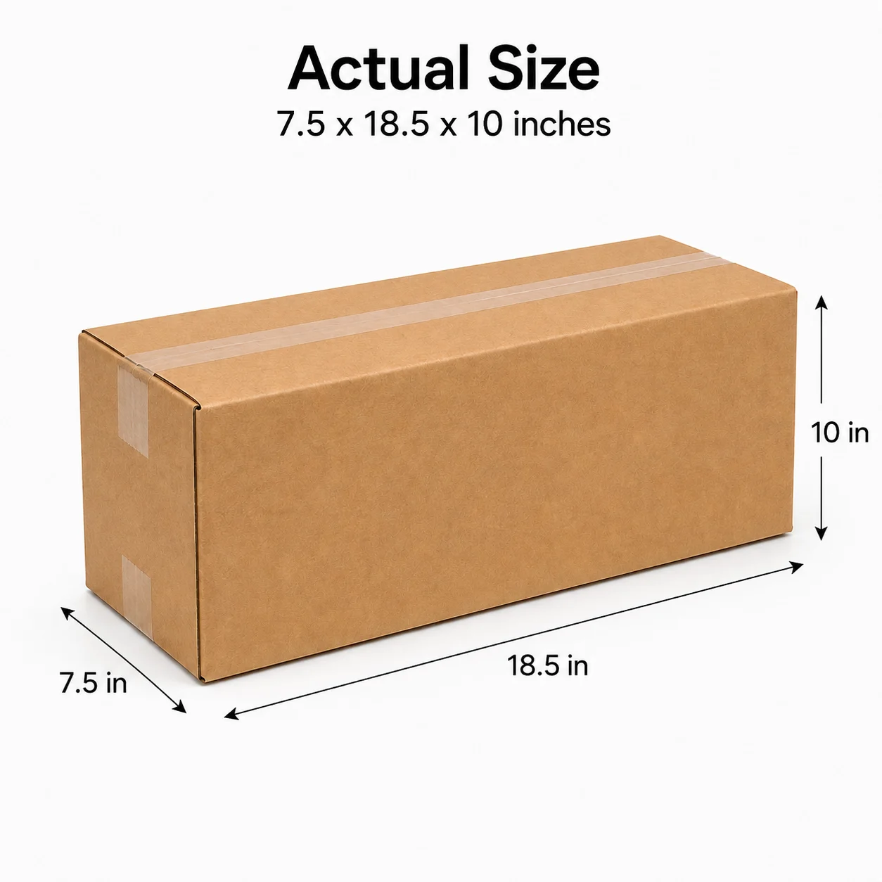7.5x18.5x10 inch brown taped corrugated carton box with actual size dimensions by Boxwaale.in