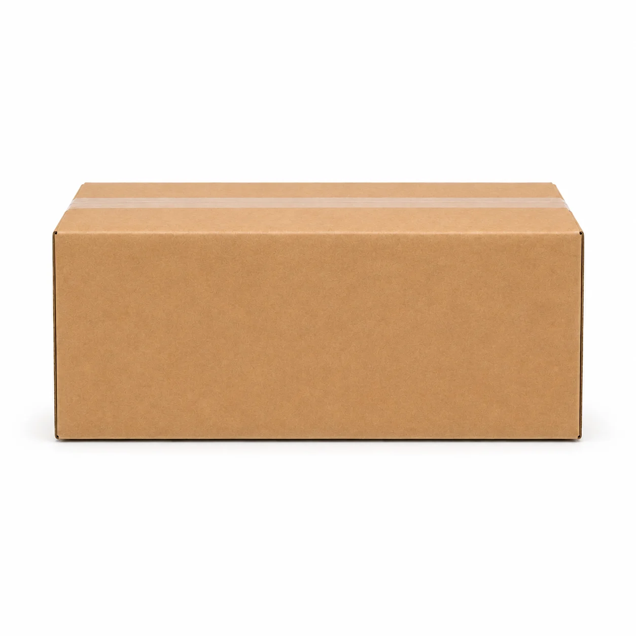 Front angle view of 7.5x18.5x10 inch brown taped corrugated carton box