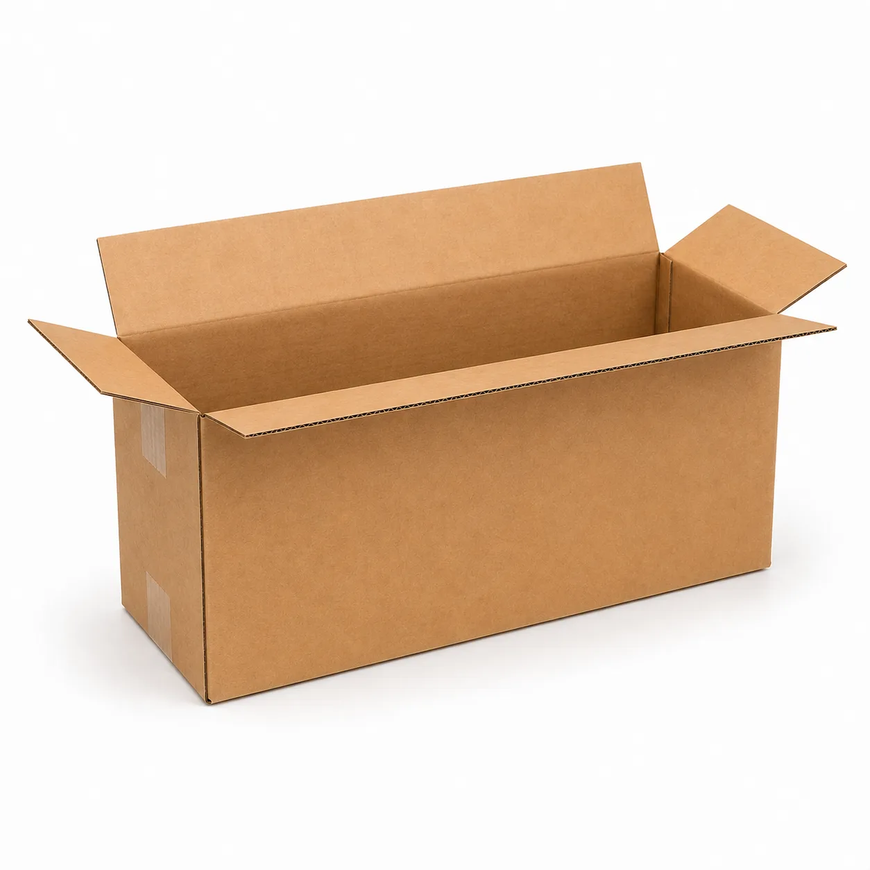 Top view of 7.5x18.5x10 inch brown carton box with adhesive tape seam