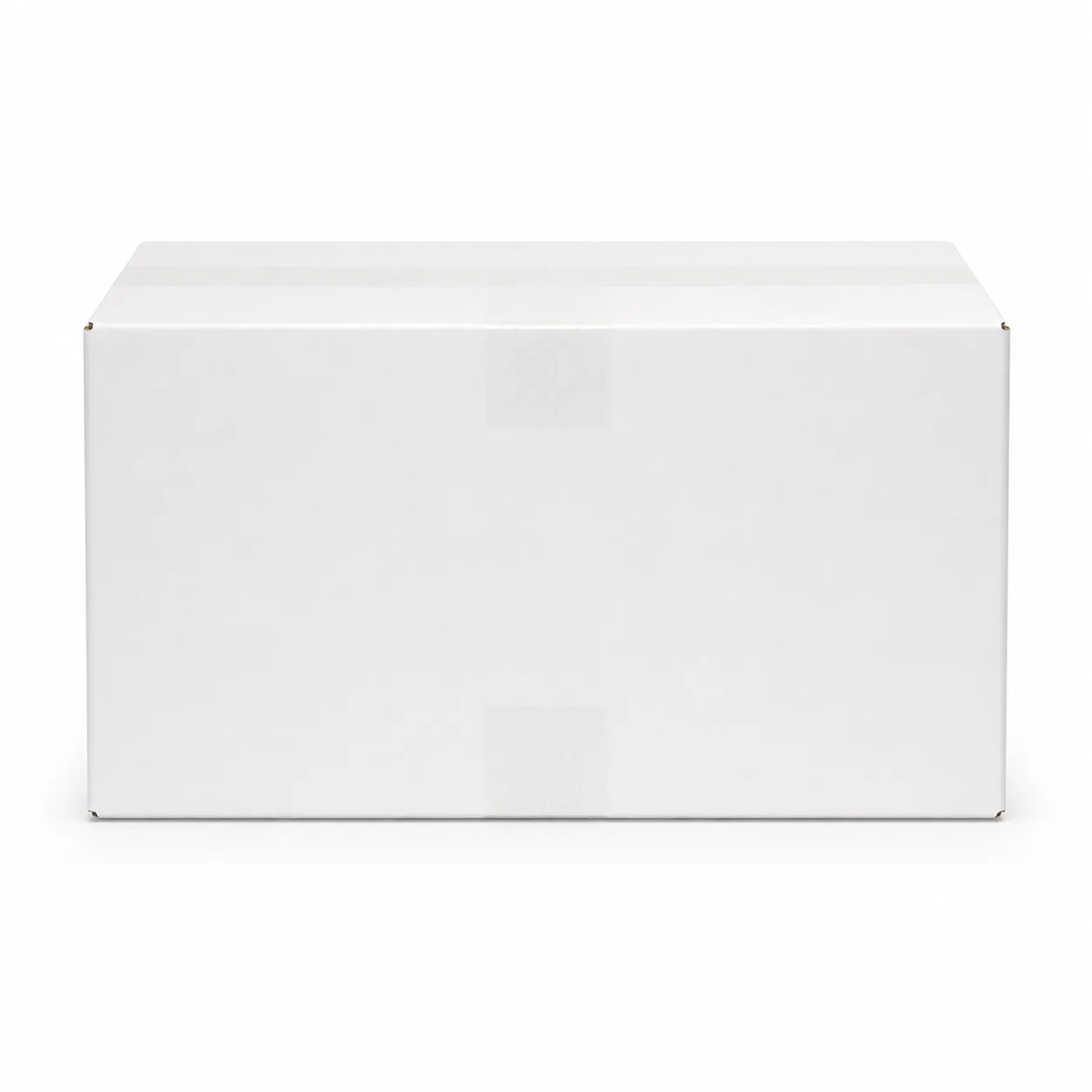 Front angle view of 7.5x18.5x10 inch white taped corrugated carton box