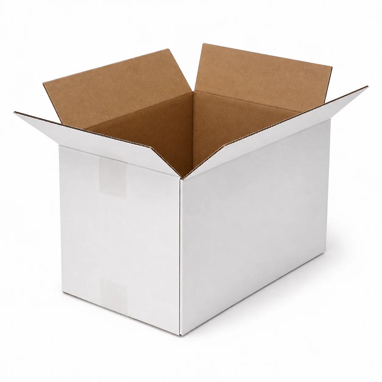 Top view of 7.5x18.5x10 inch white carton box with adhesive tape seam