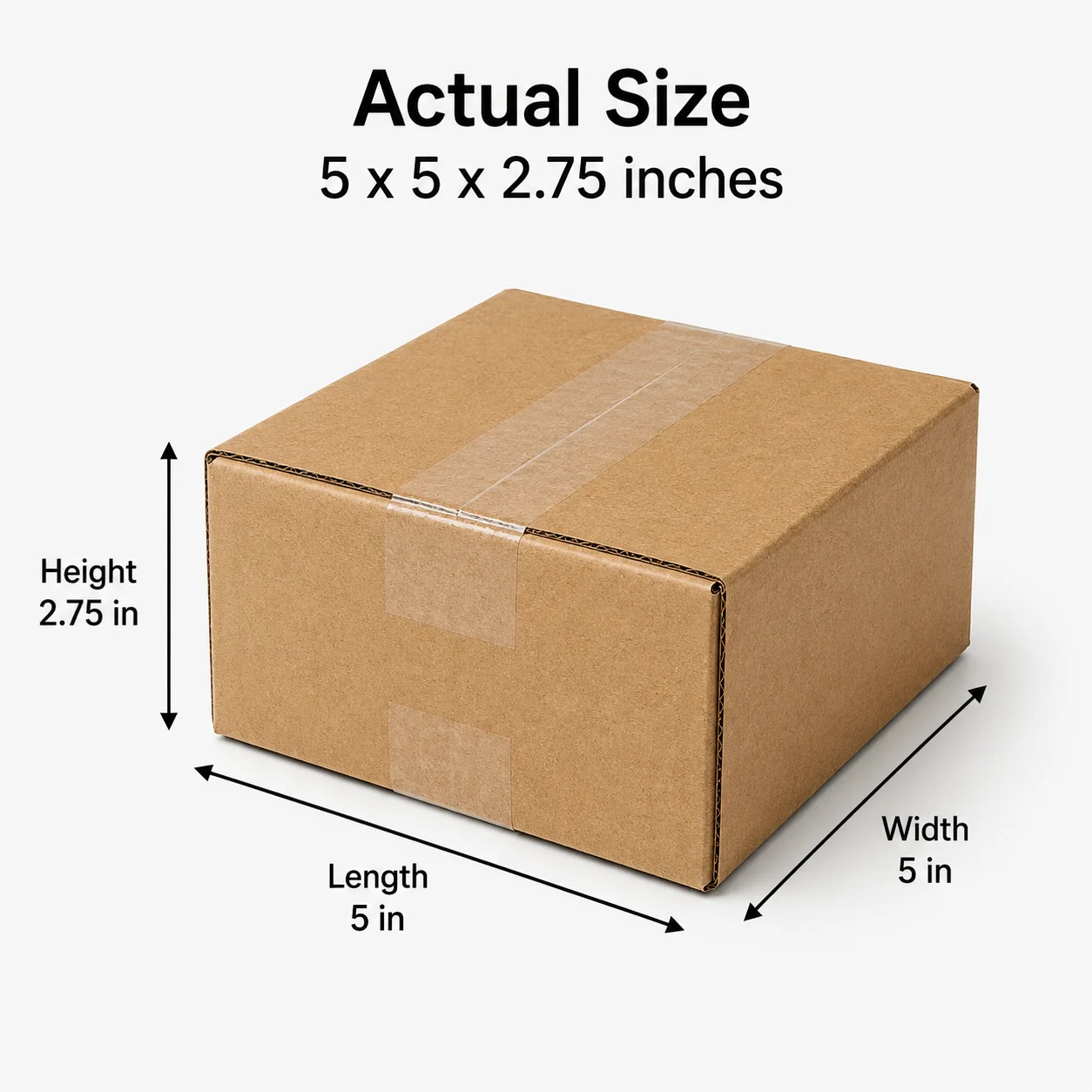 5x5x2.75 inch brown taped corrugated carton box with actual size dimensions by Boxwaale.in