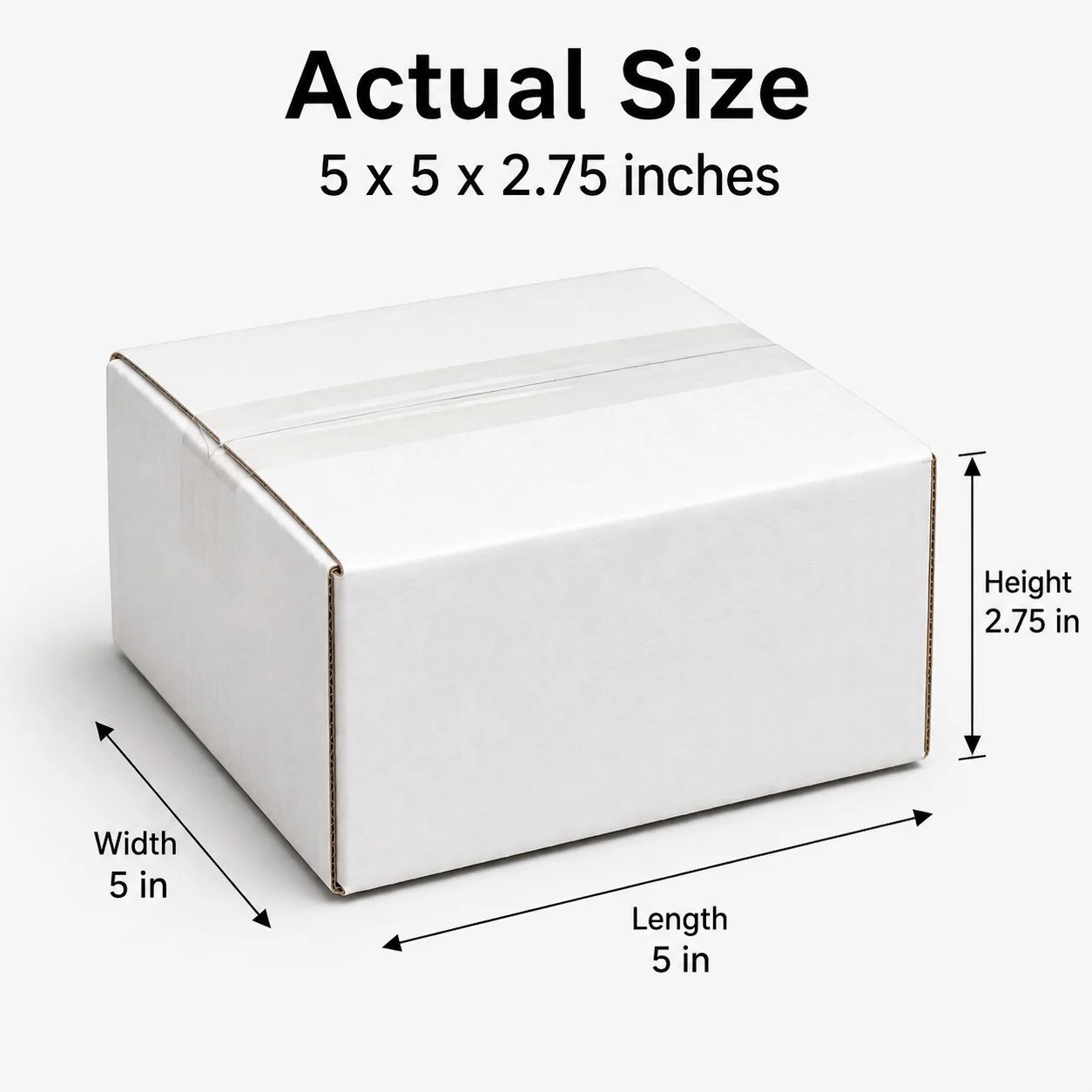 5x5x2.75 inch white taped corrugated carton box with actual size dimensions by Boxwaale.in