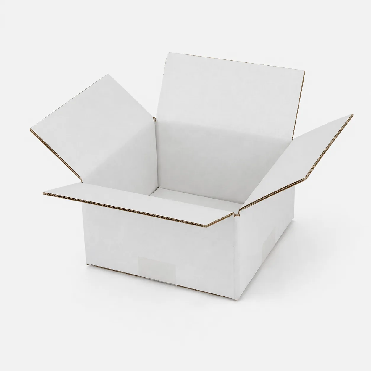 Top view of 5x5x2.75 inch white carton box with adhesive tape seam