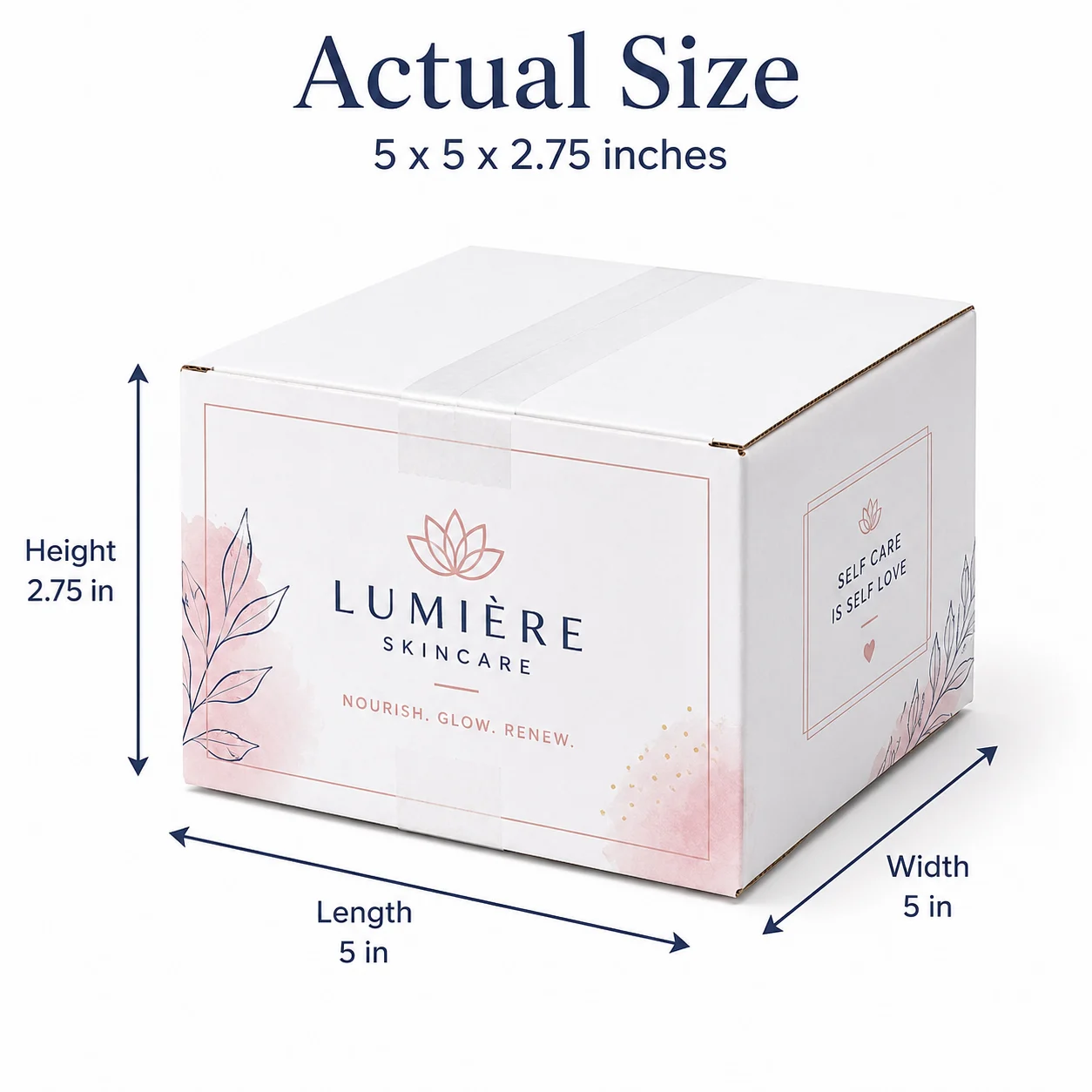 5x5x2.75 inch custom printed taped corrugated carton box with actual size dimensions by Boxwaale.in