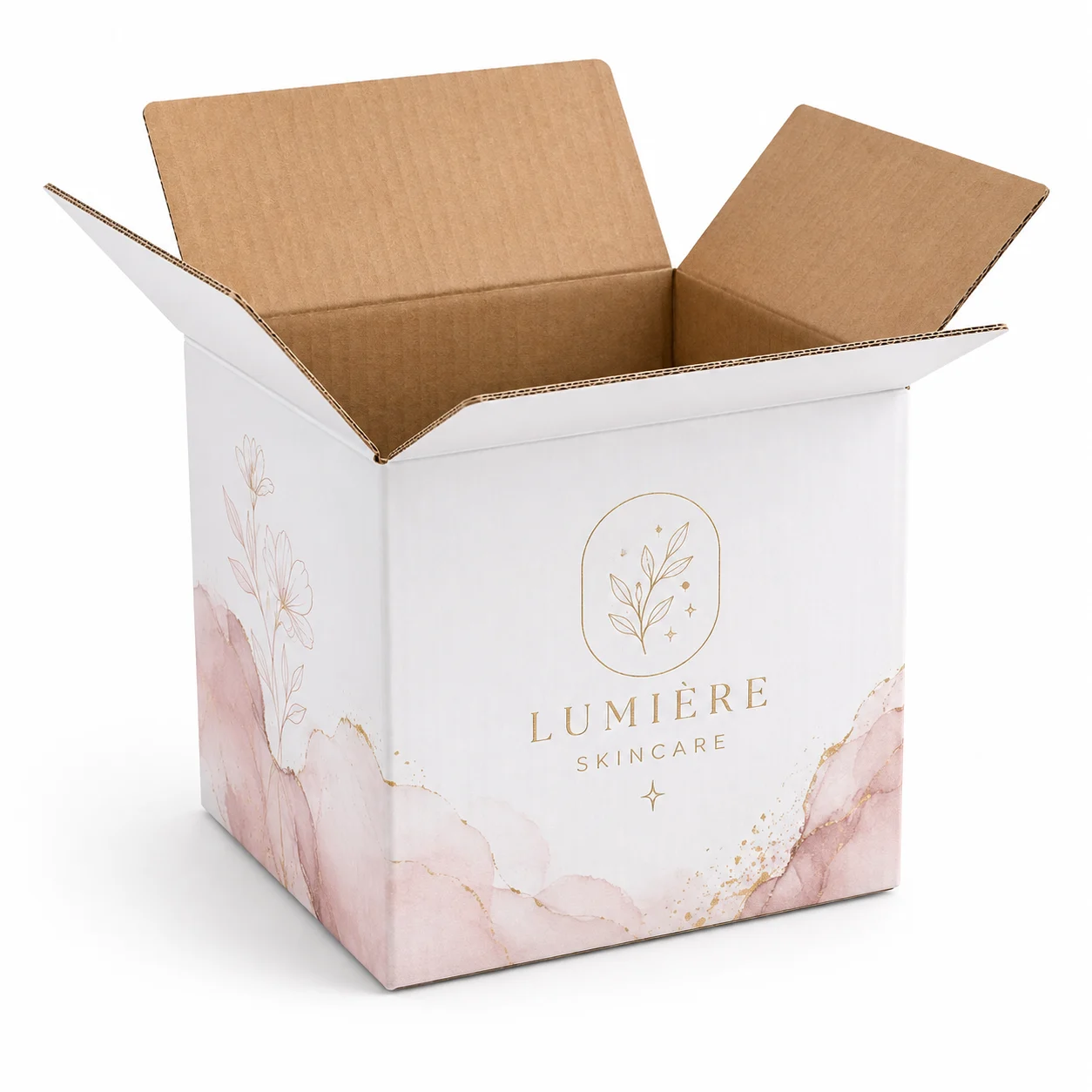 Top view of 5x5x2.75 inch custom printed carton box with adhesive tape seam