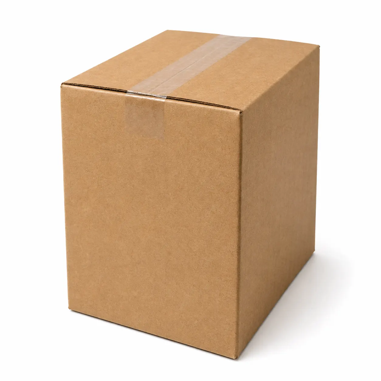 Front angle view of 5.5x6.75x8.75 inch brown taped corrugated carton box