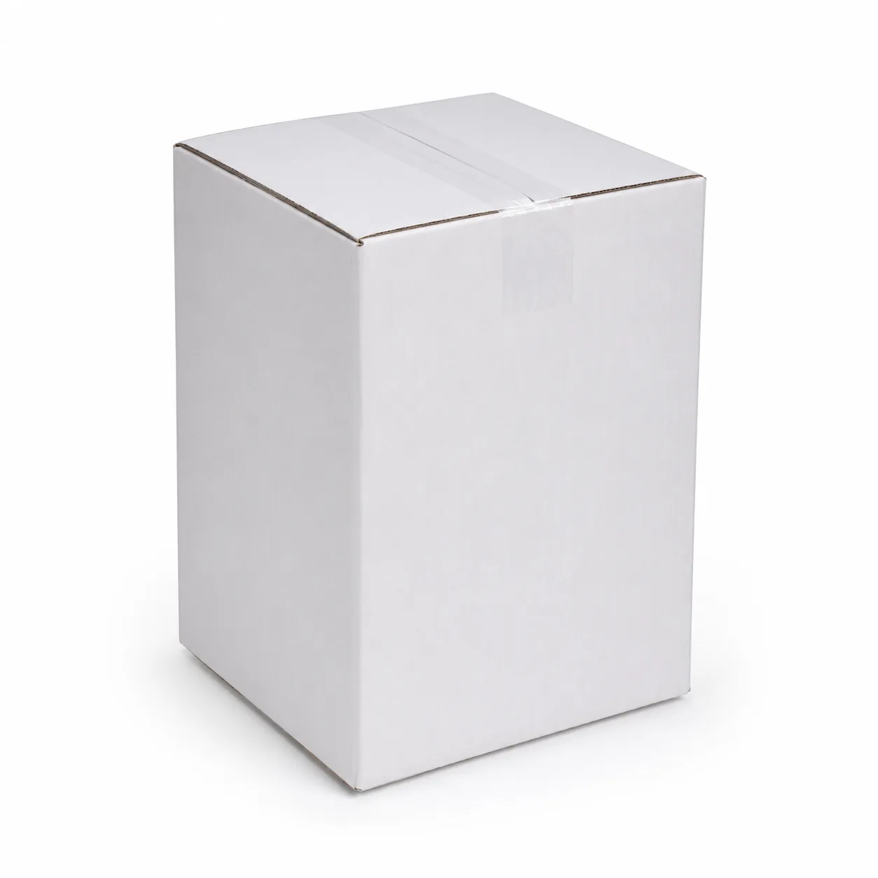 Front angle view of 5.5x6.75x8.75 inch white taped corrugated carton box