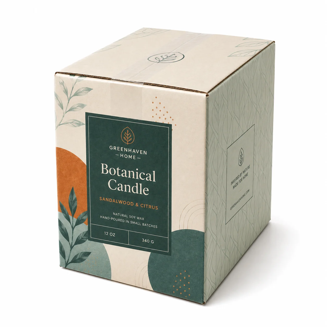 Front angle view of 5.5x6.75x8.75 inch custom printed taped corrugated carton box