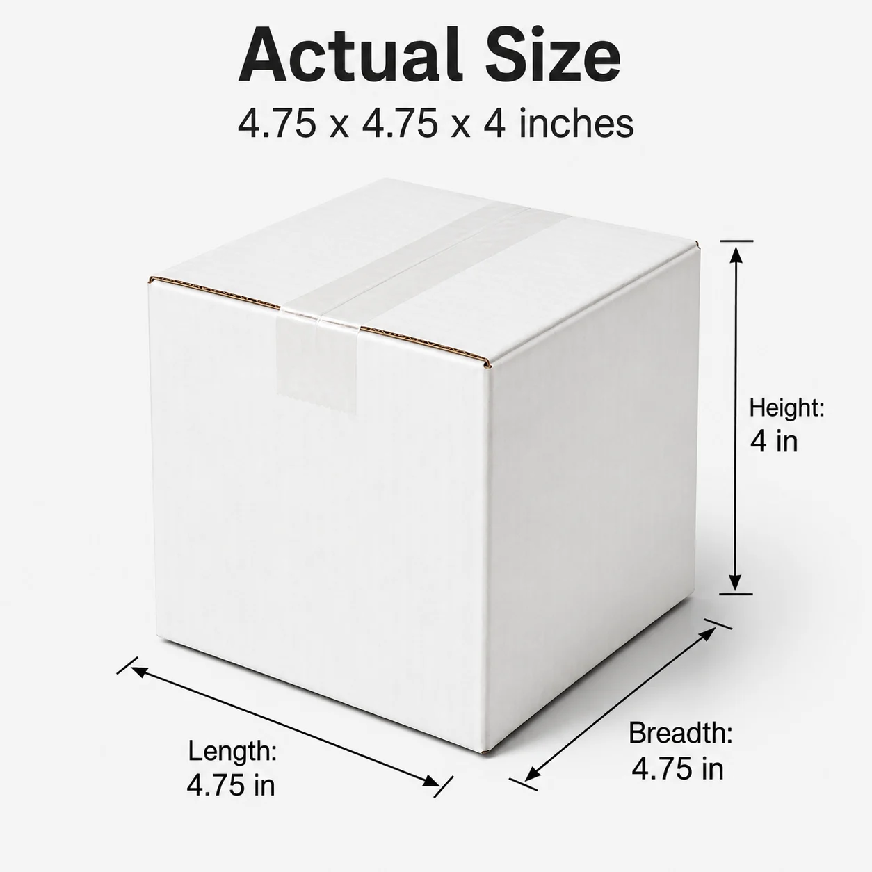 4.75x4.75x4 inch white taped corrugated carton box with actual size dimensions by Boxwaale.in