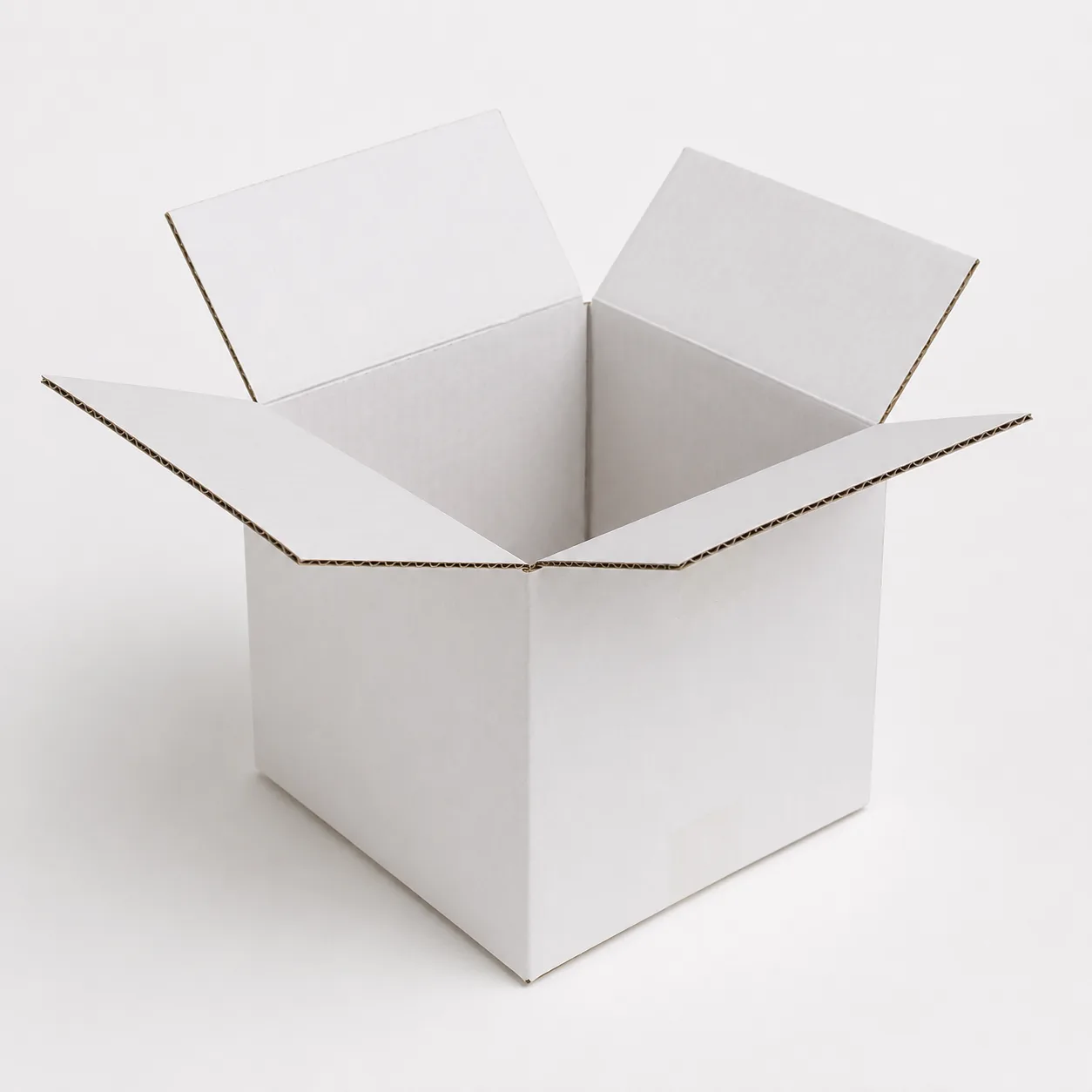 Top view of 4.75x4.75x4 inch white carton box with adhesive tape seam