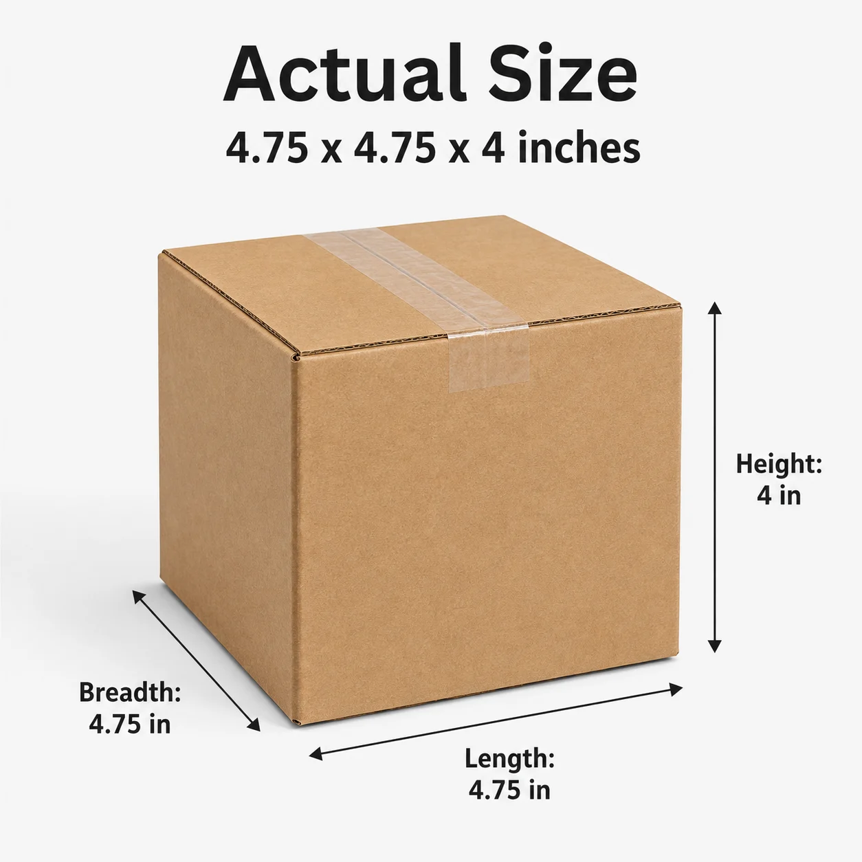 4.75x4.75x4 inch brown taped corrugated carton box with actual size dimensions by Boxwaale.in