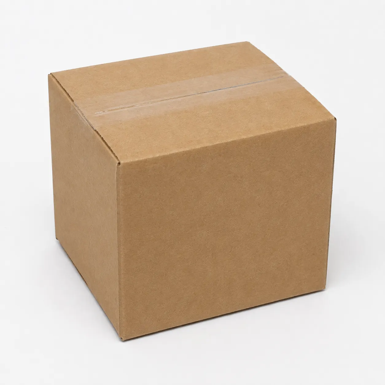 Front angle view of 4.75x4.75x4 inch brown taped corrugated carton box