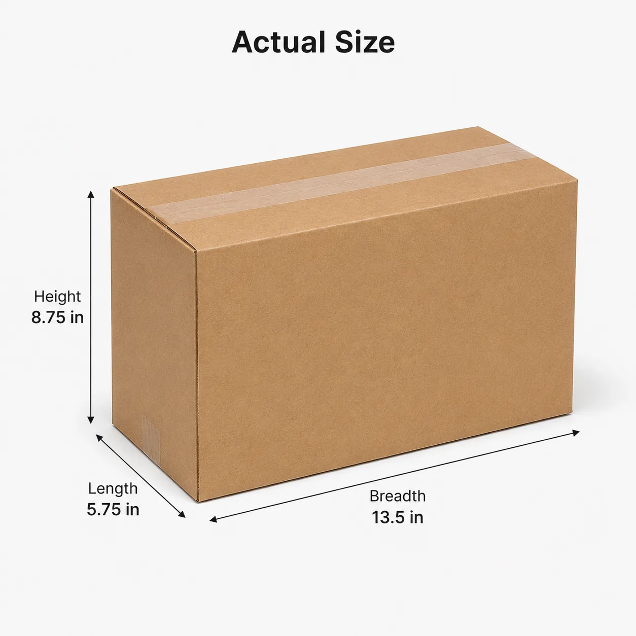 5.75x13.5x8.75 inch brown taped corrugated carton box with actual size dimensions by Boxwaale.in