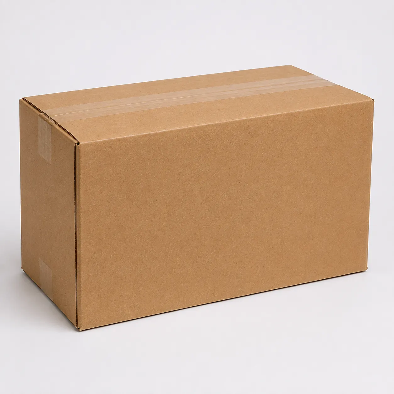 Front angle view of 5.75x13.5x8.75 inch brown taped corrugated carton box