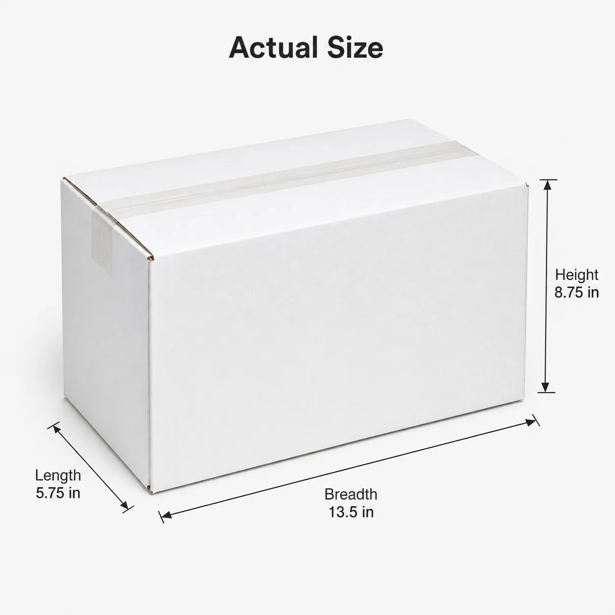 5.75x13.5x8.75 inch white taped corrugated carton box with actual size dimensions by Boxwaale.in