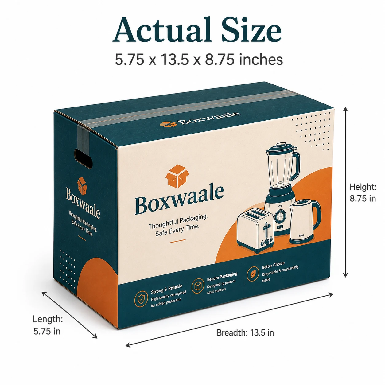5.75x13.5x8.75 inch custom printed taped corrugated carton box with actual size dimensions by Boxwaale.in