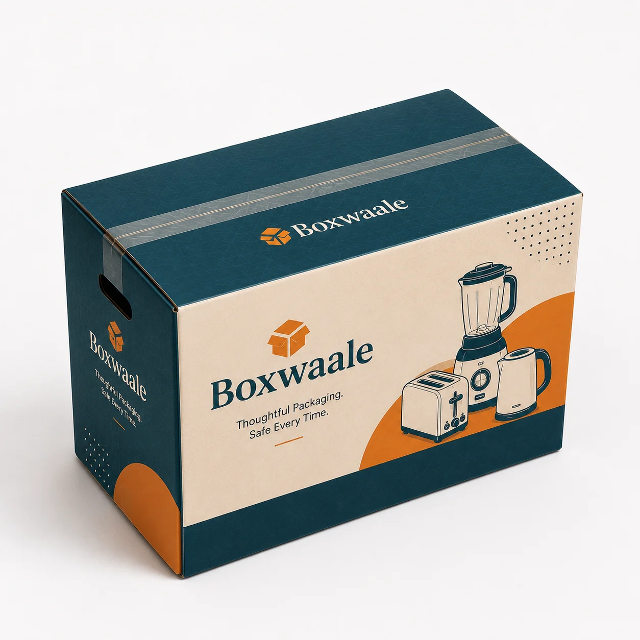 Close-up view of custom printed corrugated carton material and tape area