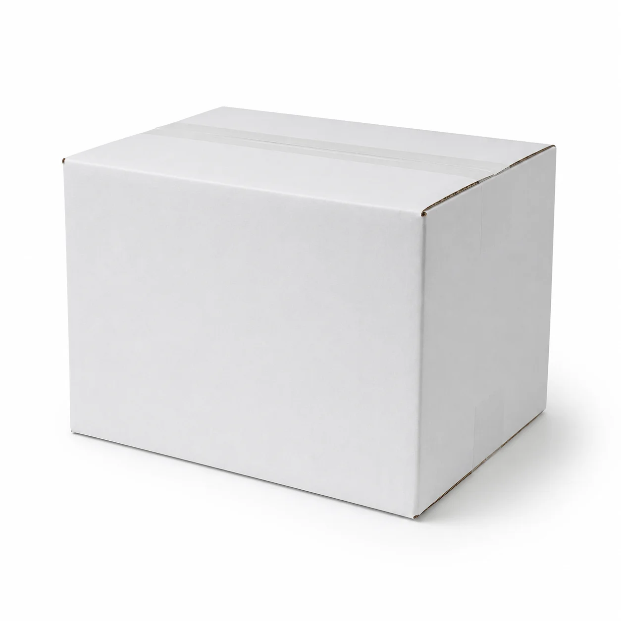 Front angle view of 10x13.5x7.75 inch white taped corrugated carton box