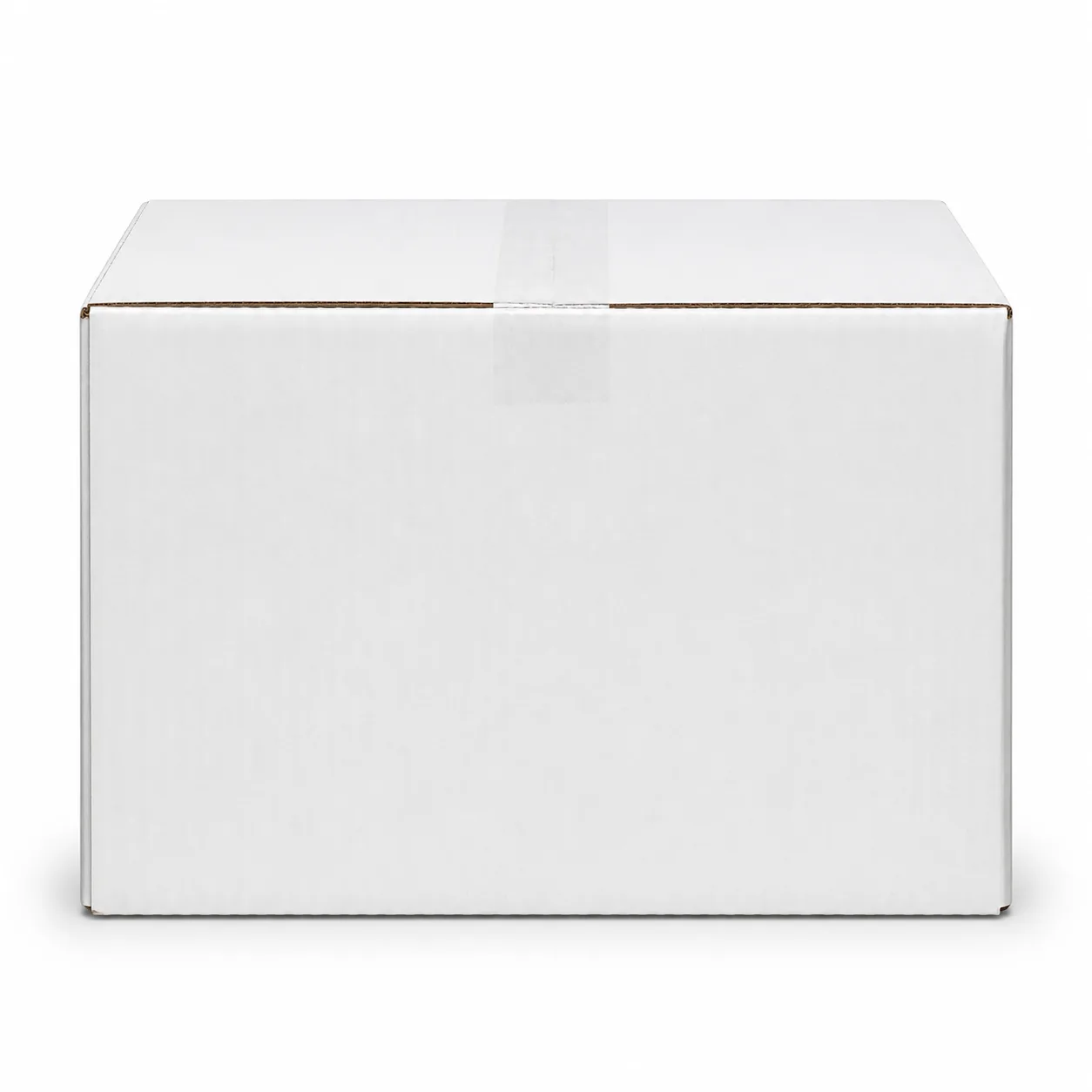 Close-up view of white corrugated carton material and tape area