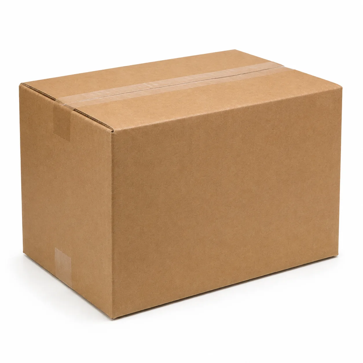Front angle view of 10x13.5x7.75 inch brown taped corrugated carton box