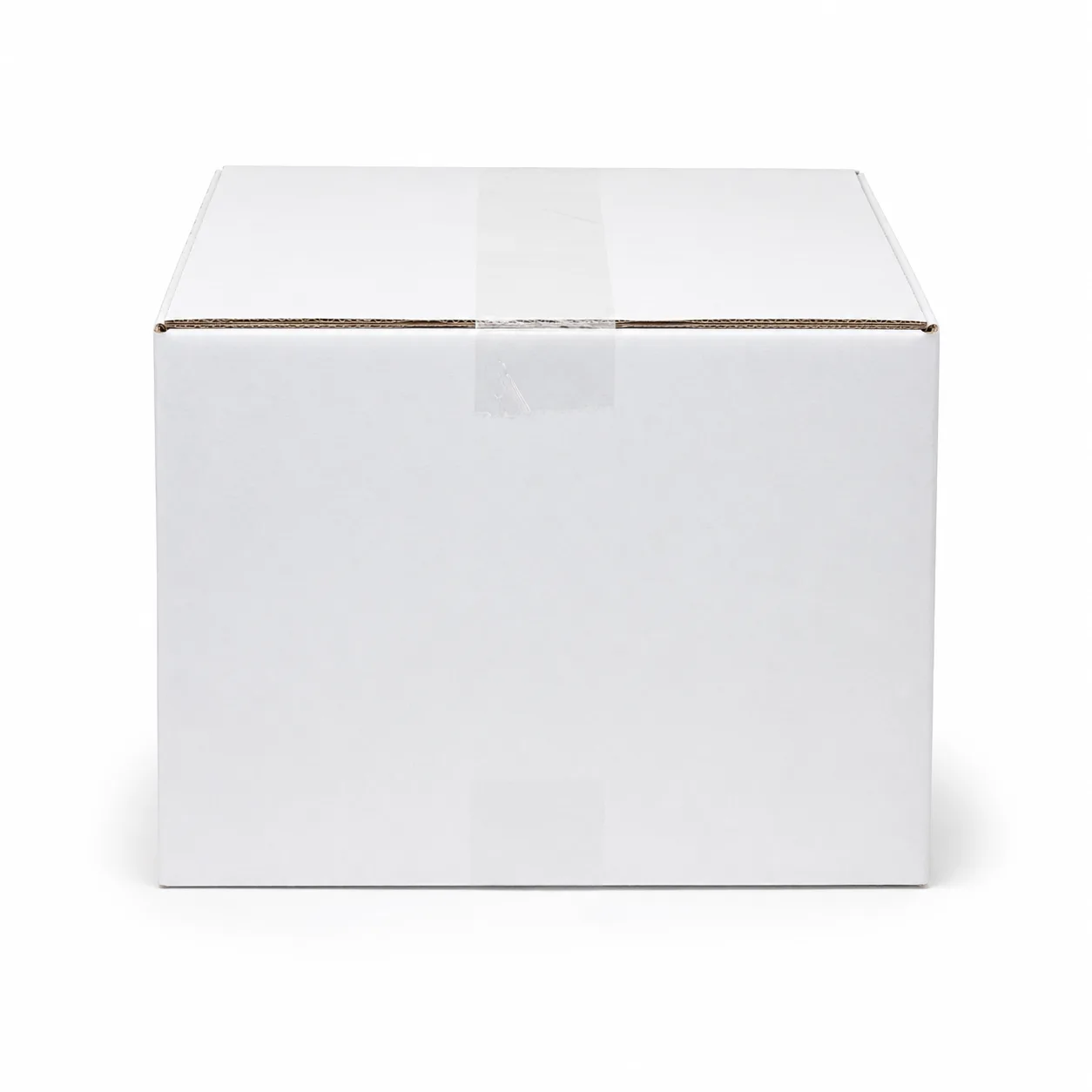 Front angle view of 9.75x9.75x6.75 inch white taped corrugated carton box
