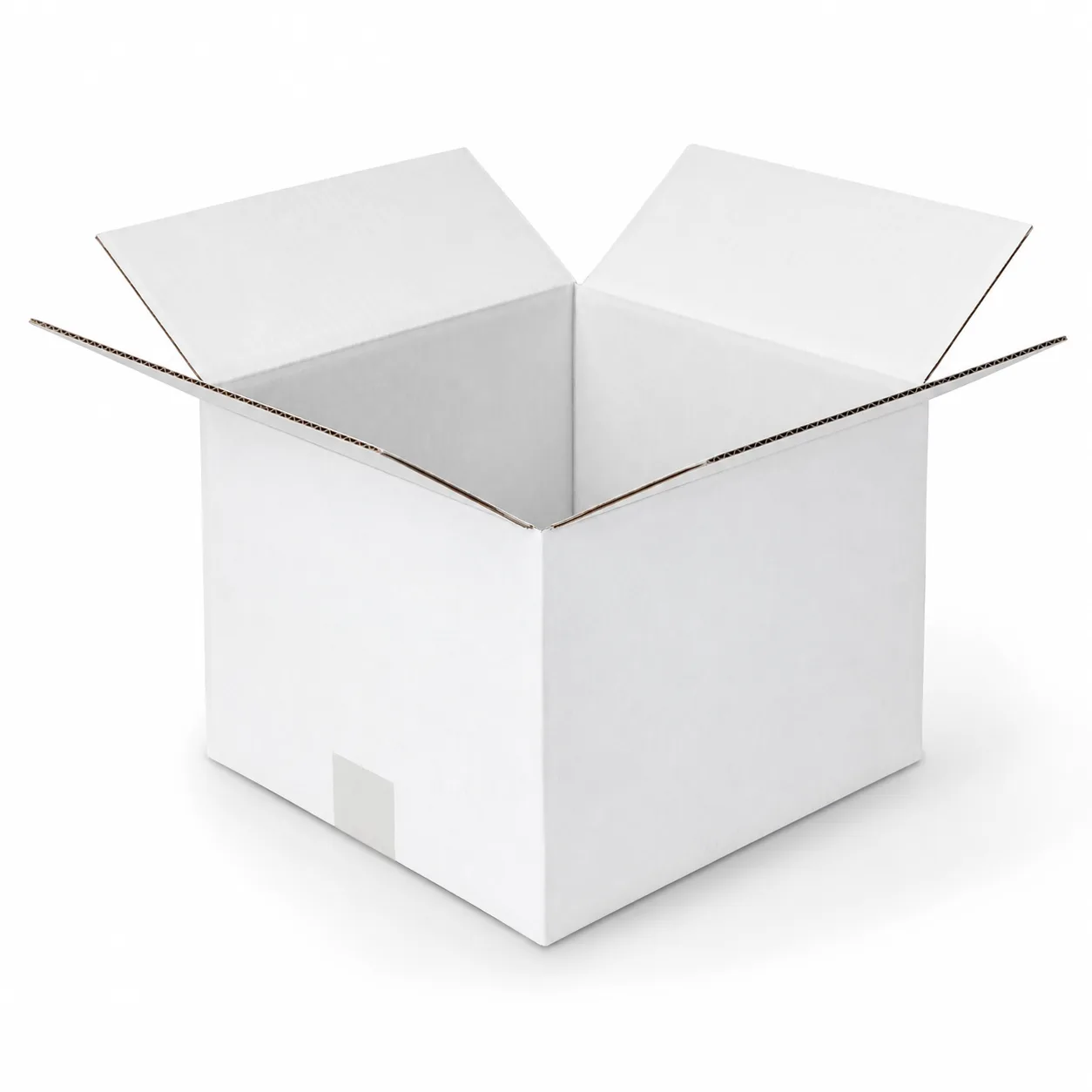 Top view of 9.75x9.75x6.75 inch white carton box with adhesive tape seam
