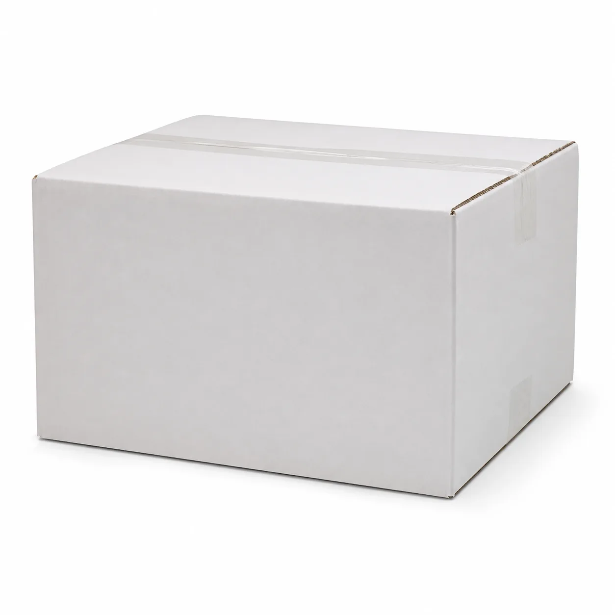 Close-up view of white corrugated carton material and tape area