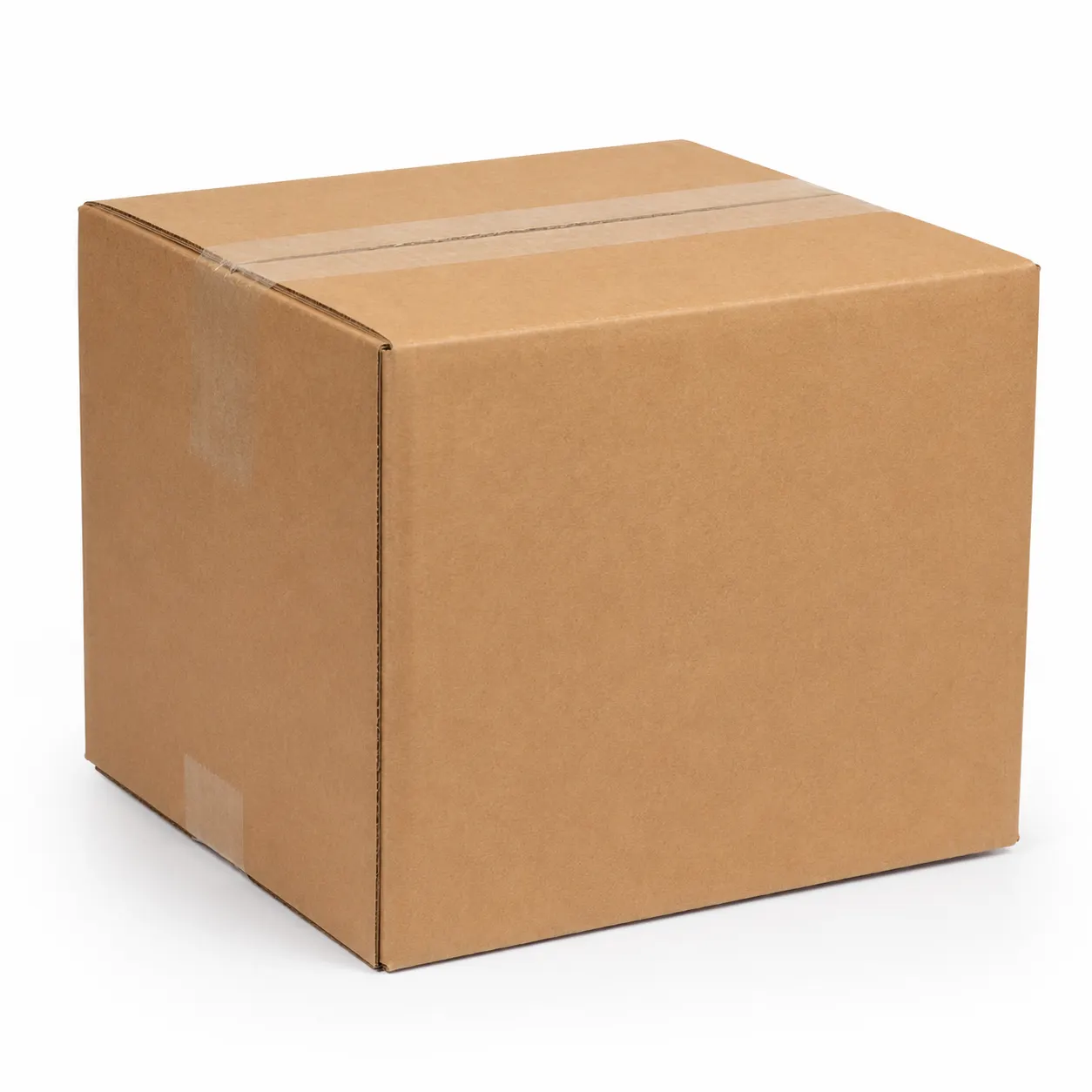 Front angle view of 9.75x9.75x6.75 inch brown taped corrugated carton box