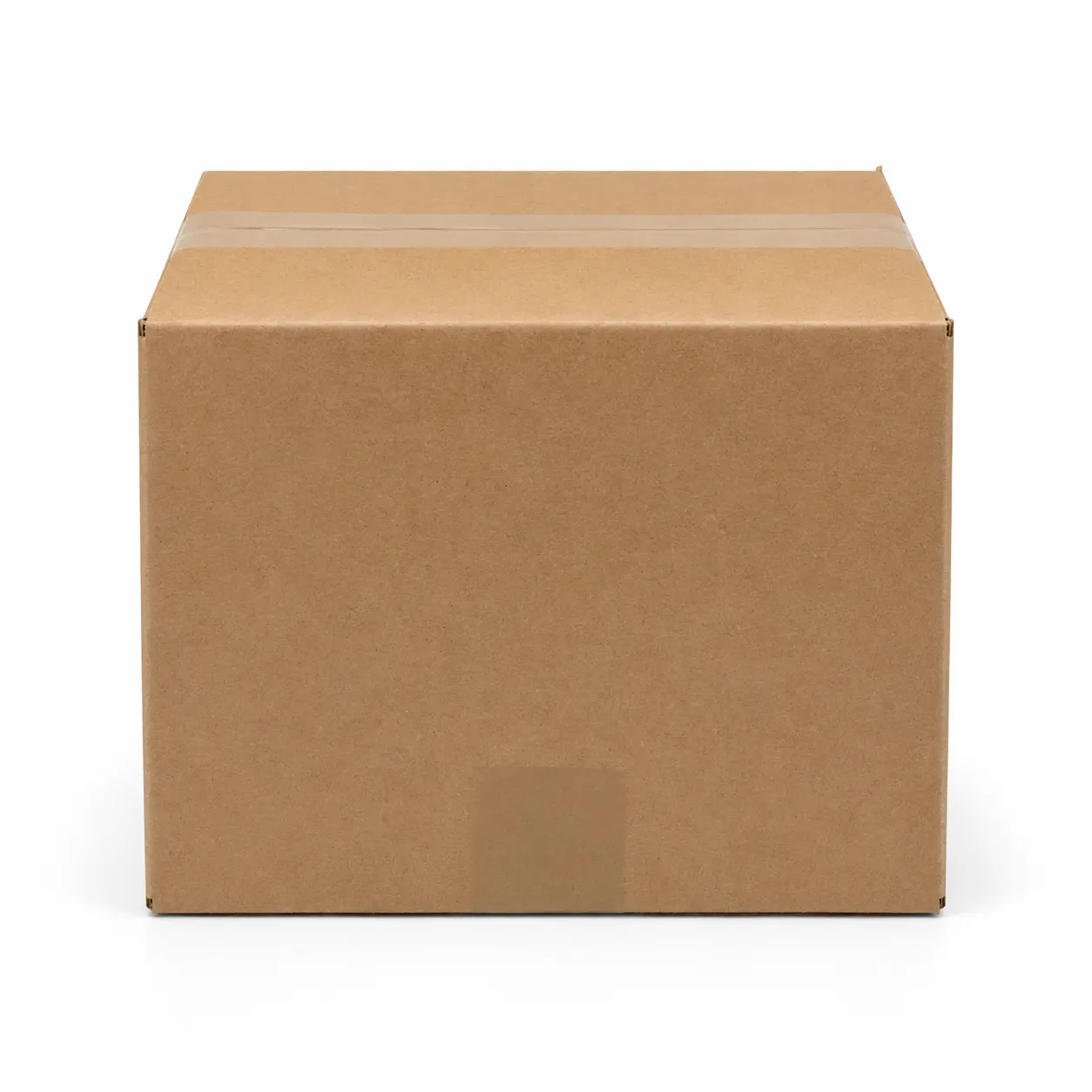 Top view of 9.75x9.75x6.75 inch brown carton box with adhesive tape seam