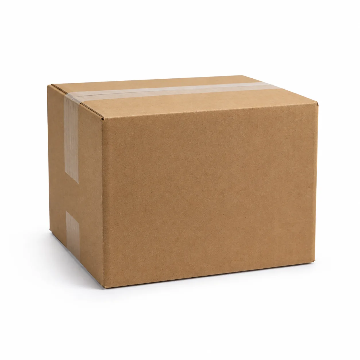 Close-up view of brown corrugated carton material and tape area