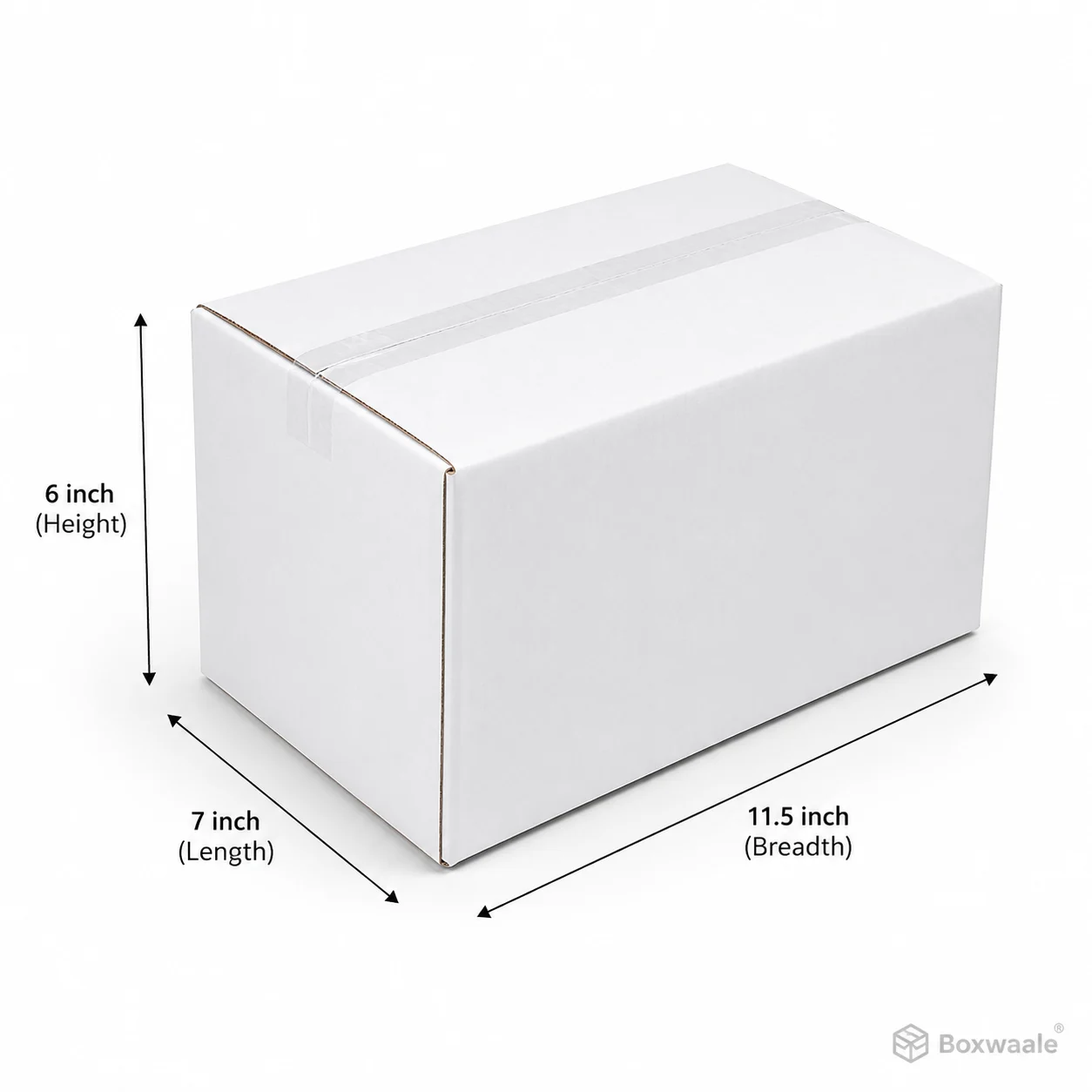 7x11.5x6 inch white taped corrugated carton box with actual size dimensions by Boxwaale.in