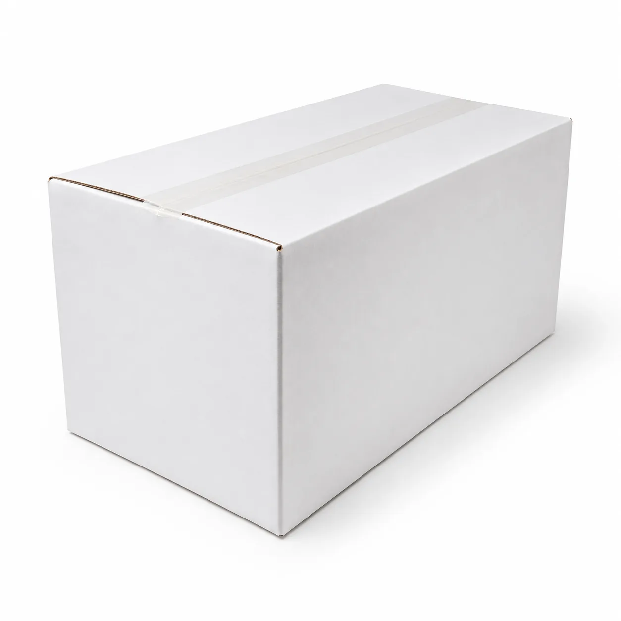 Front angle view of 7x11.5x6 inch white taped corrugated carton box