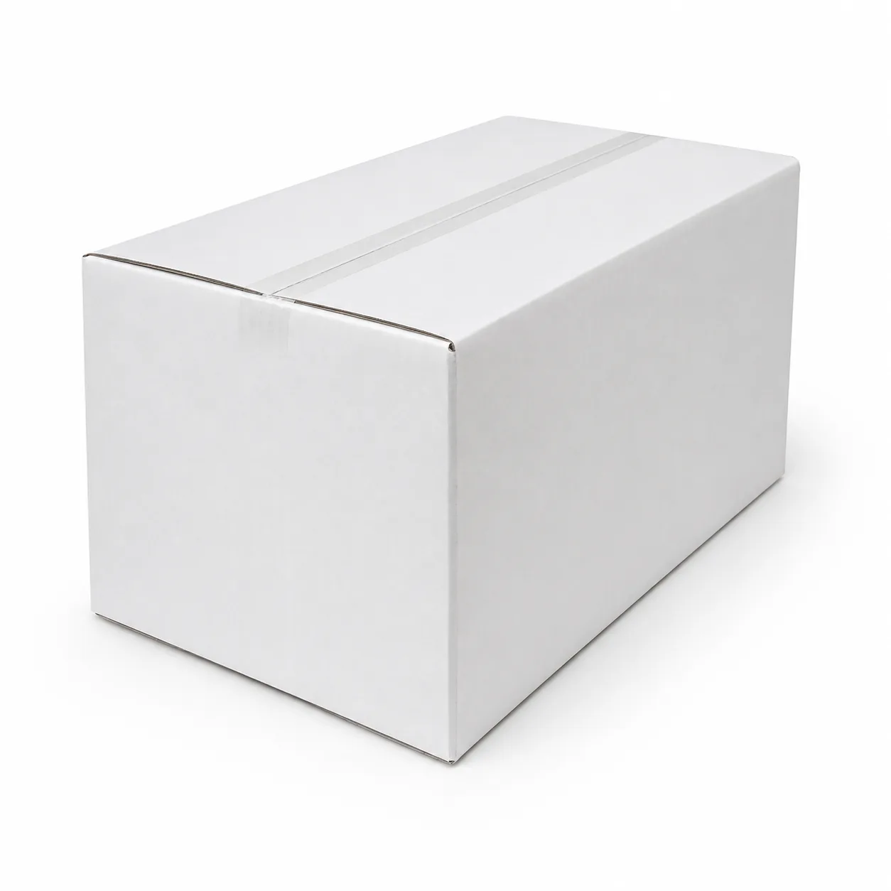 Close-up view of white corrugated carton material and tape area