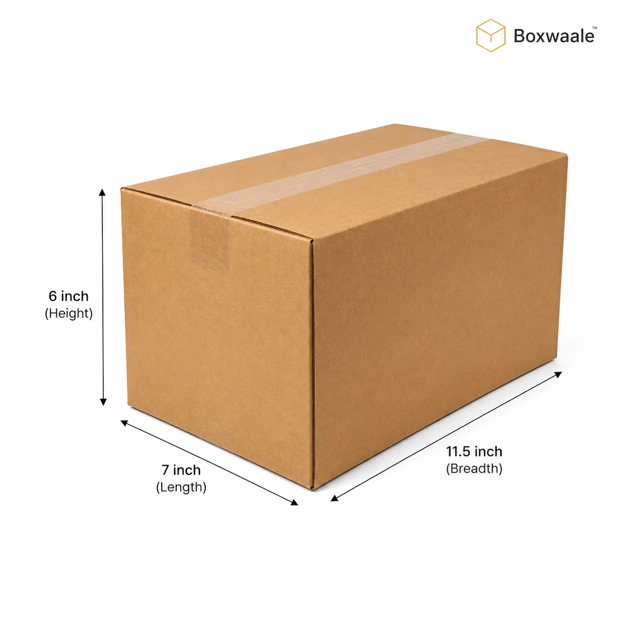 7x11.5x6 inch brown taped corrugated carton box with actual size dimensions by Boxwaale.in