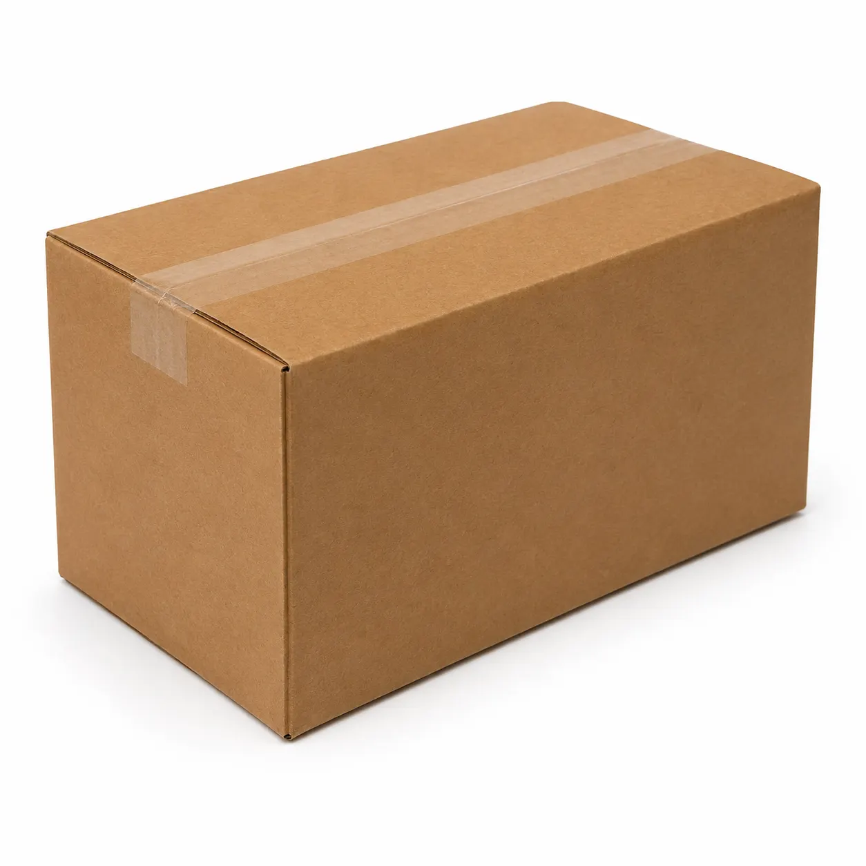Close-up view of brown corrugated carton material and tape area