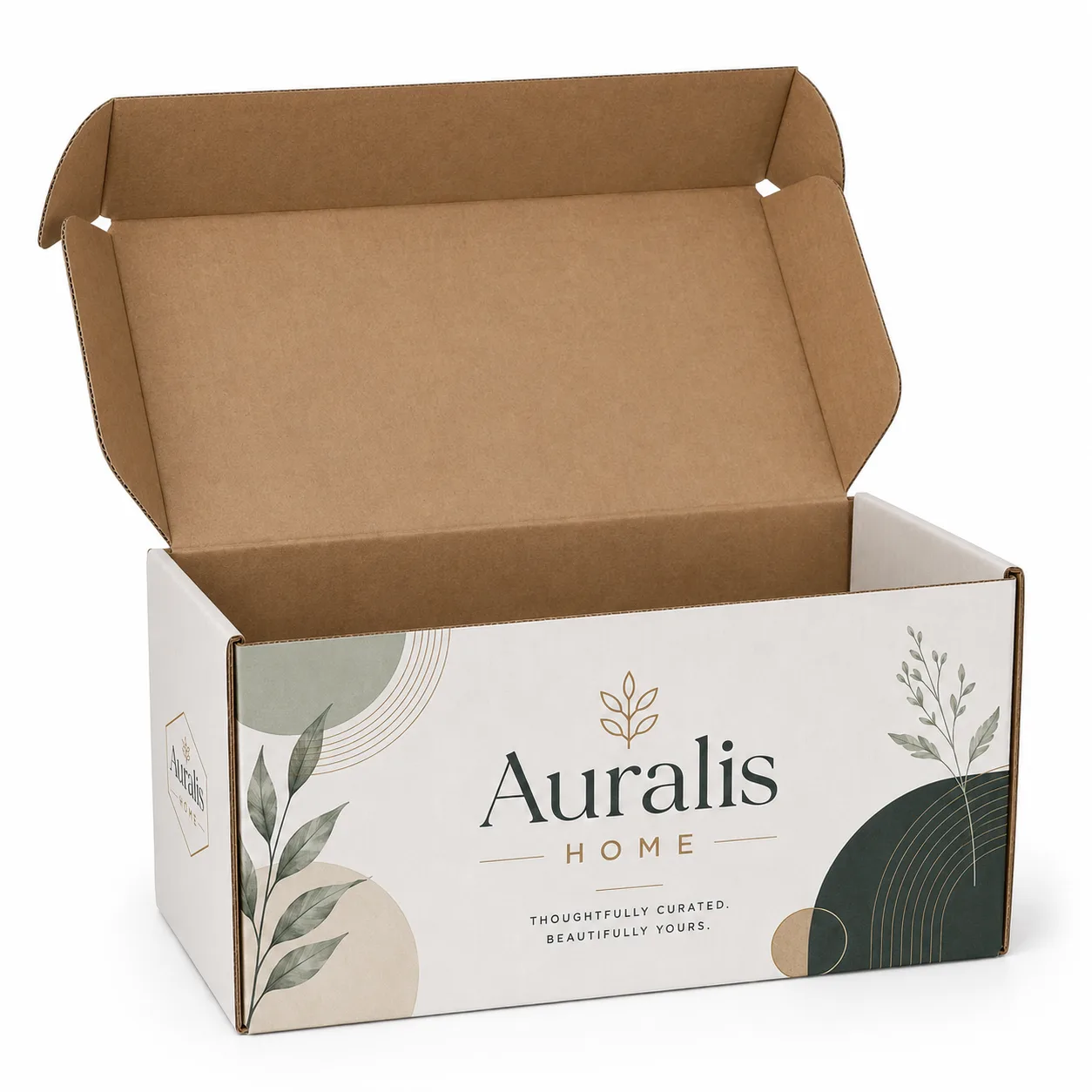 Top view of 7x11.5x6 inch custom printed carton box with adhesive tape seam