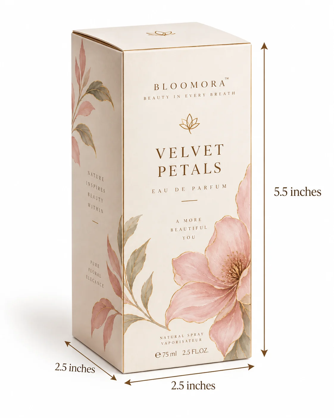 2.5x2.5x5.5 inch custom printed perfume sheet box with actual size dimensions by Boxwaale.in