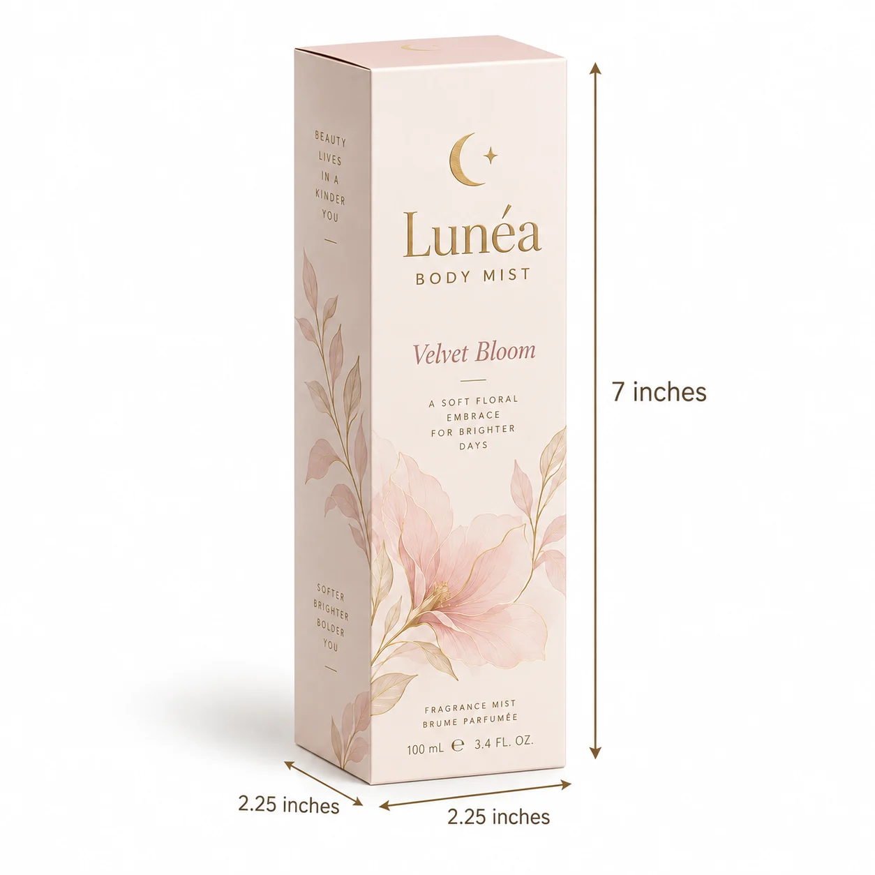 2.25x2.25x7 inch custom printed body mist sheet box with actual size dimensions by Boxwaale.in