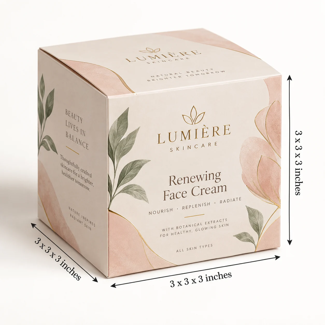 3x3x3 inch custom printed face cream sheet box with actual size dimensions by Boxwaale.in