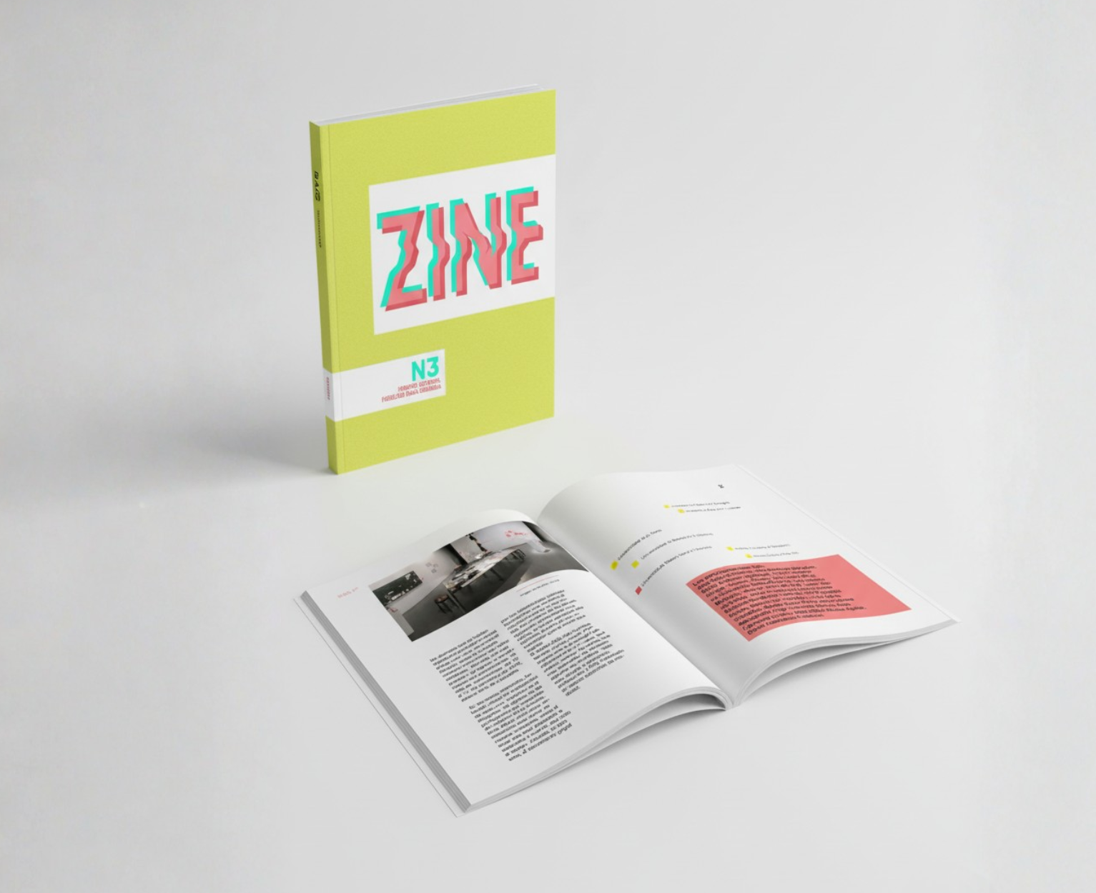 Mockup de la revista Zine N3, tapa y páginas interiores.