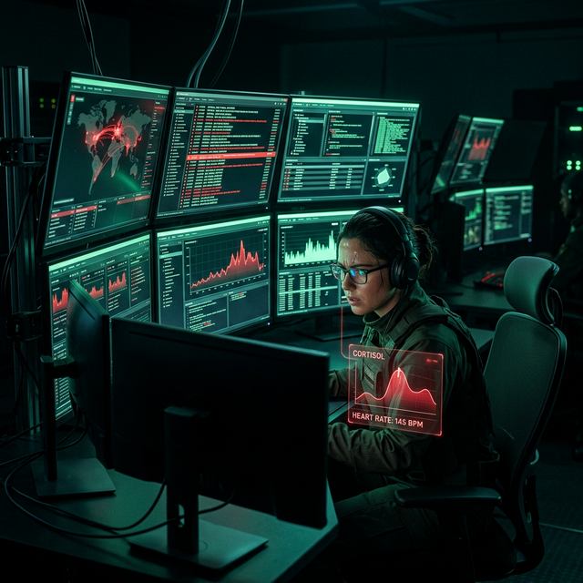 Cybersecurity analyst under stress cortisol zero-day 2026