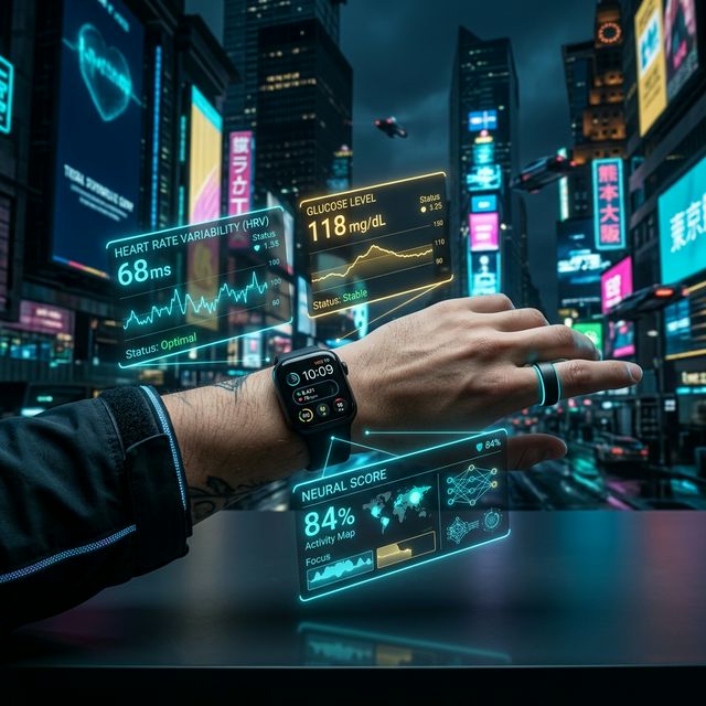 A futuristic AI wearable health monitor on a software engineer's wrist