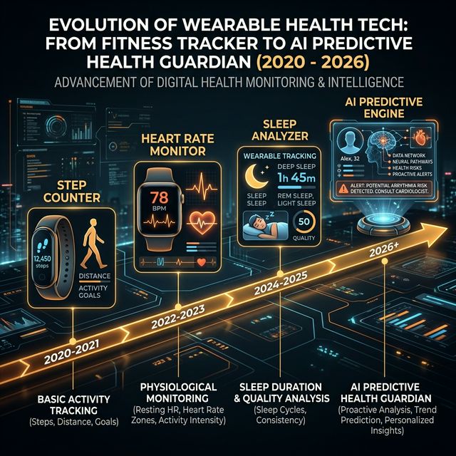 Timeline of wearable health technology evolution from 2020 to 2026 predicting disease
