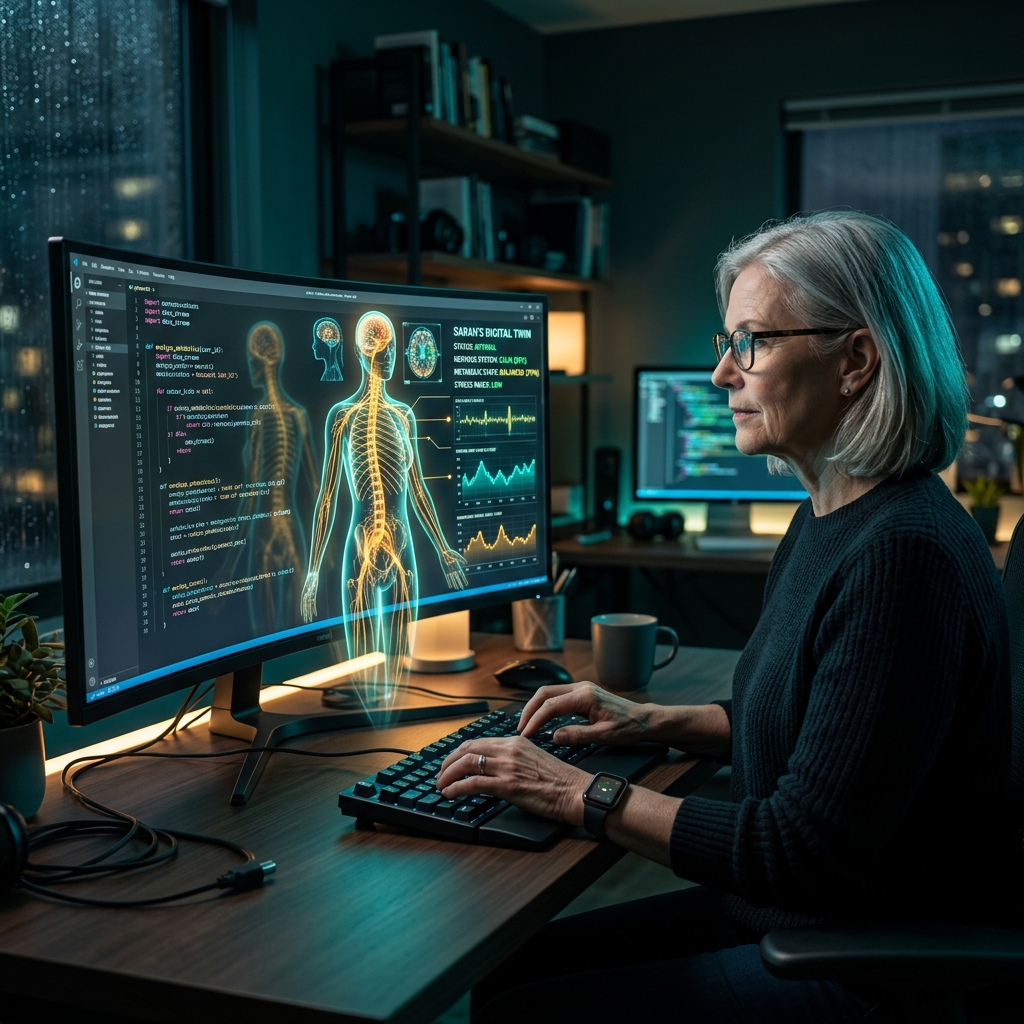 Ambient Neuro-Sensors: A Software Engineer monitoring their Biological Digital Twin in a dark-mode environment