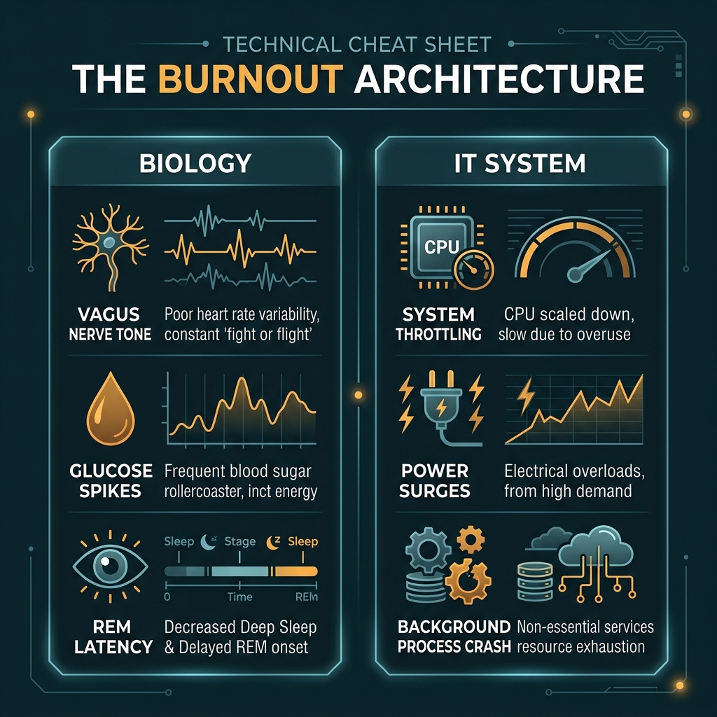 The Burnout Architecture Infographic comparing Biological events to IT System events